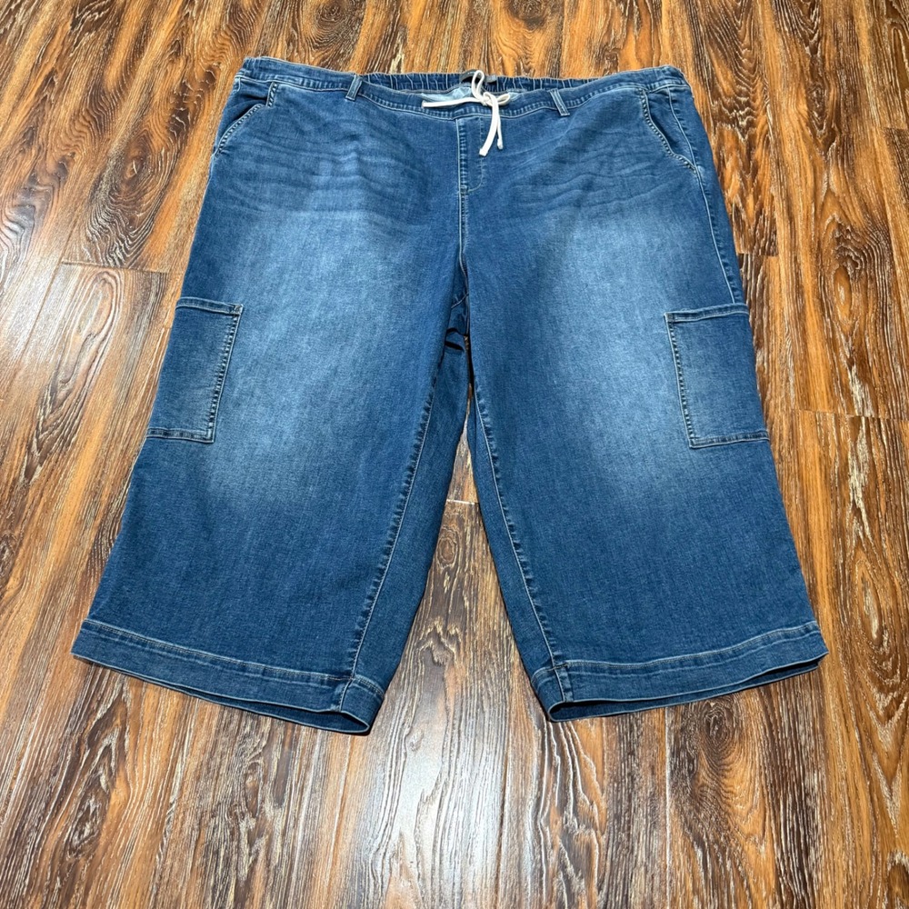 Torrid 6 Plus Denim Cargo Capri Pants Womens Blue Wide Leg Drawstring Elastic